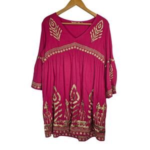 Soft Surroundings‎ Pink Gold Embroidered Empire Waist Dress Large Boho Hippie